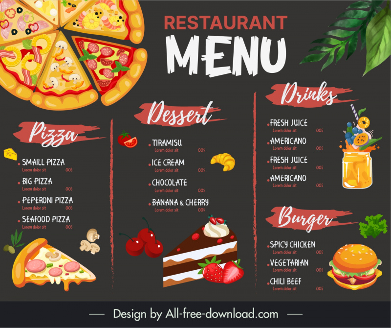 pizza and desserts restaurant menu template elegant contrast