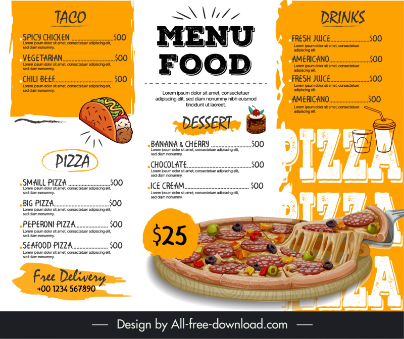 pizza menu template classic dynamic handdrawn 