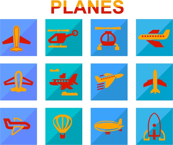 planes icons design with various flat colored styles