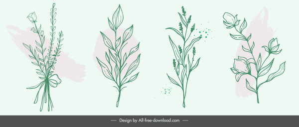 plants icons retro handdrawn floras leaves sketch