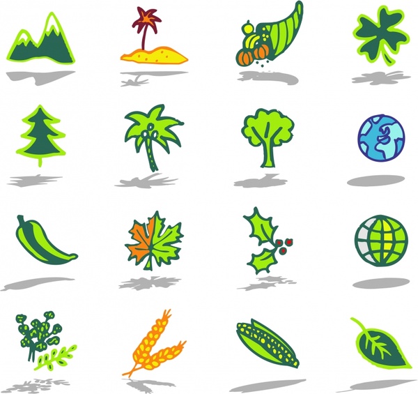 nature icons colored flat handdrawn sketch