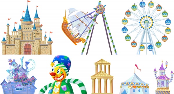 playground design elements castles clown circus games icons