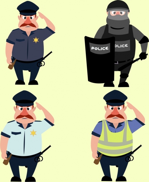police icons collection various costumes colored cartoon