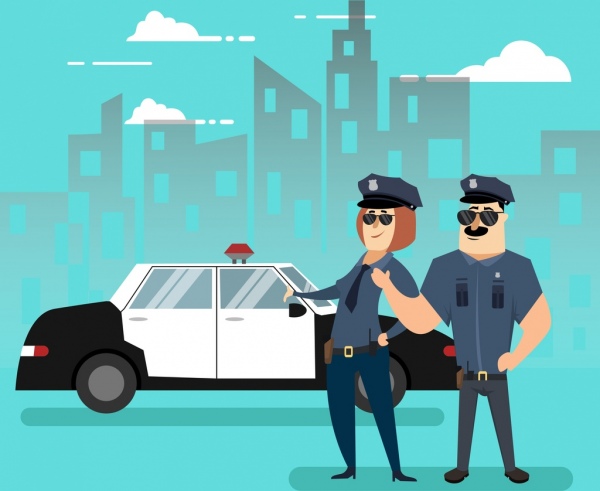 police officer icons colored cartoon design