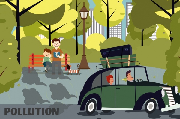 pollution background car people park smoke icons