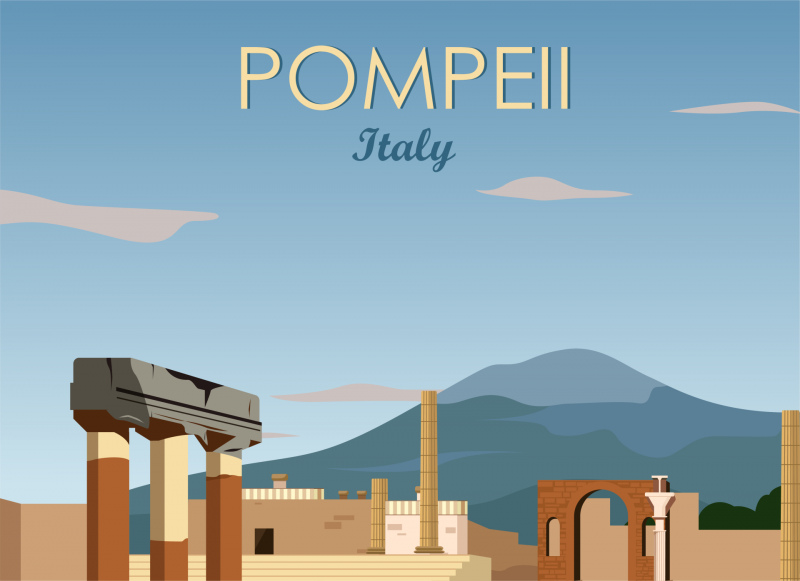 pompeii italy advertising poster ancient architectural heritage sketch 