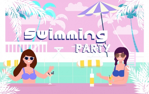 pool party banner bikini girls icons colored cartoon