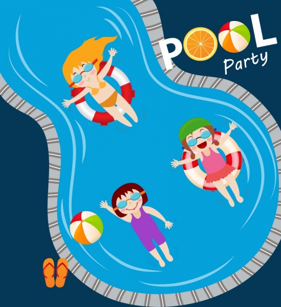 pool party banner joyful kids swimming pool icons