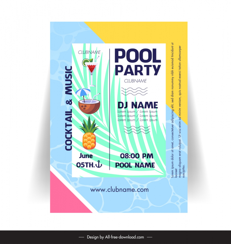 pool party invitation card template flat pineapple coconut cocktail leaf