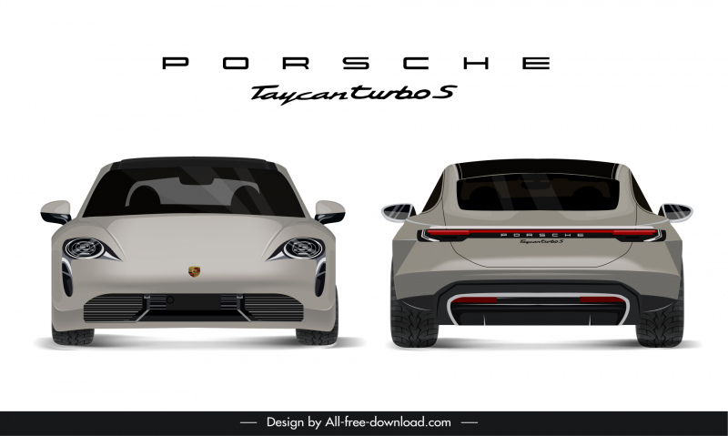 porsche taycan car model icons front view back view sketch flat modern design 