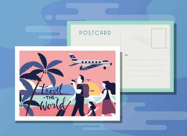 postcard template family travel theme cartoon design