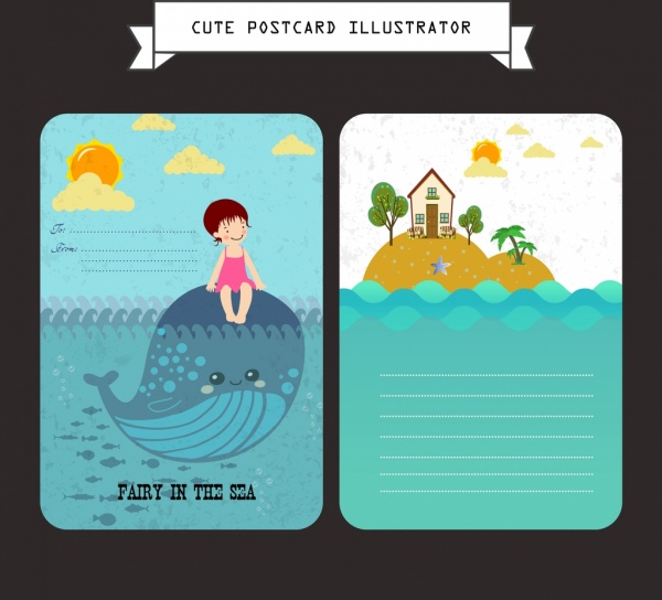 postcard template marine life icons colored cartoon decor