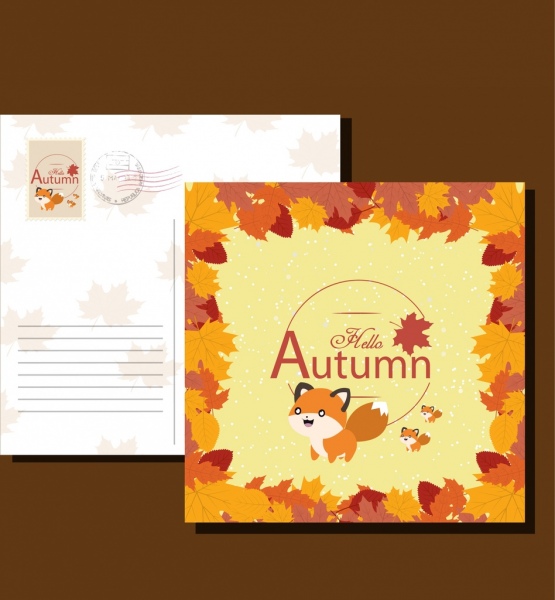 postcard templates autumn style leaves fox icons
