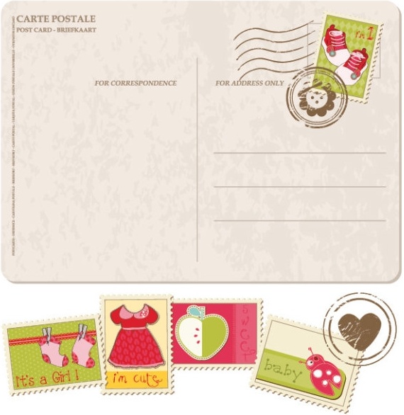 postcards stamps with cartoon 01 vector
