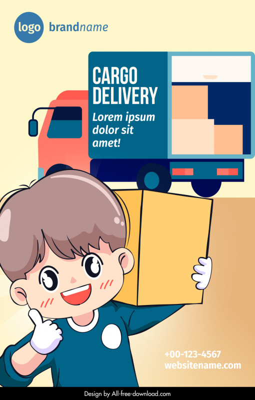 poster cargo delivery advertising template cute boy truck sketch cartoon design 
