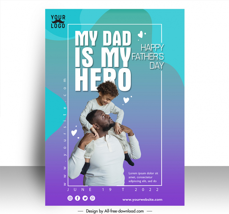 poster happy fathers day template cute realistic dad son sketch