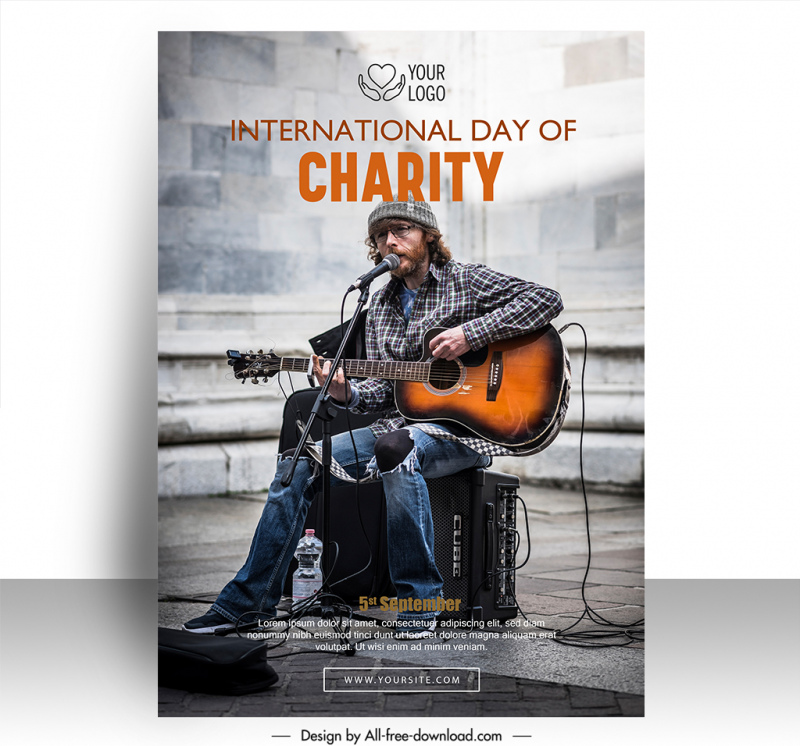 poster international day of charity template guitarist singing sketch realistic design  