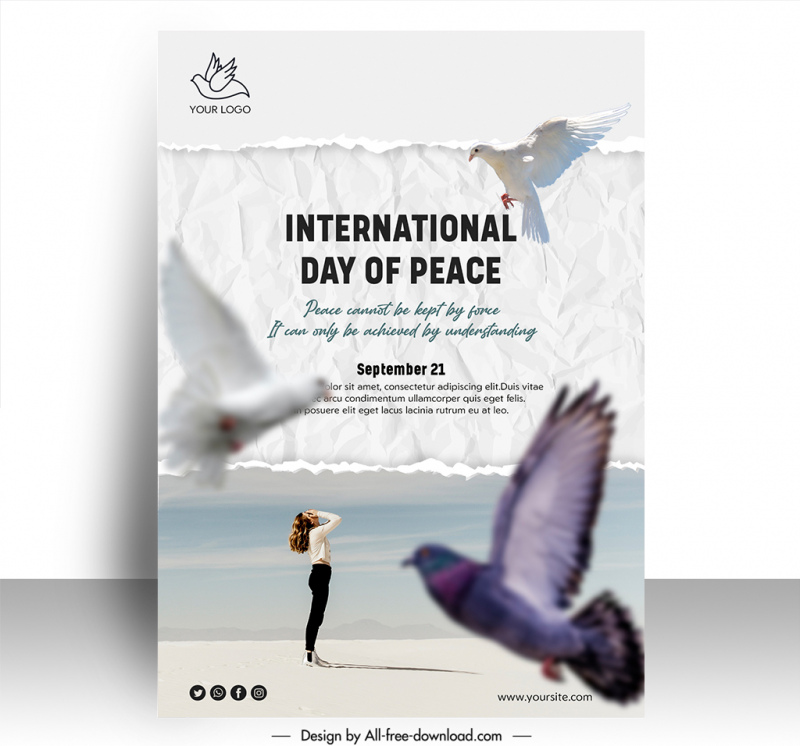 poster international day of peace template flying doves lady sea scenery sketch dynamic modern realistic design 