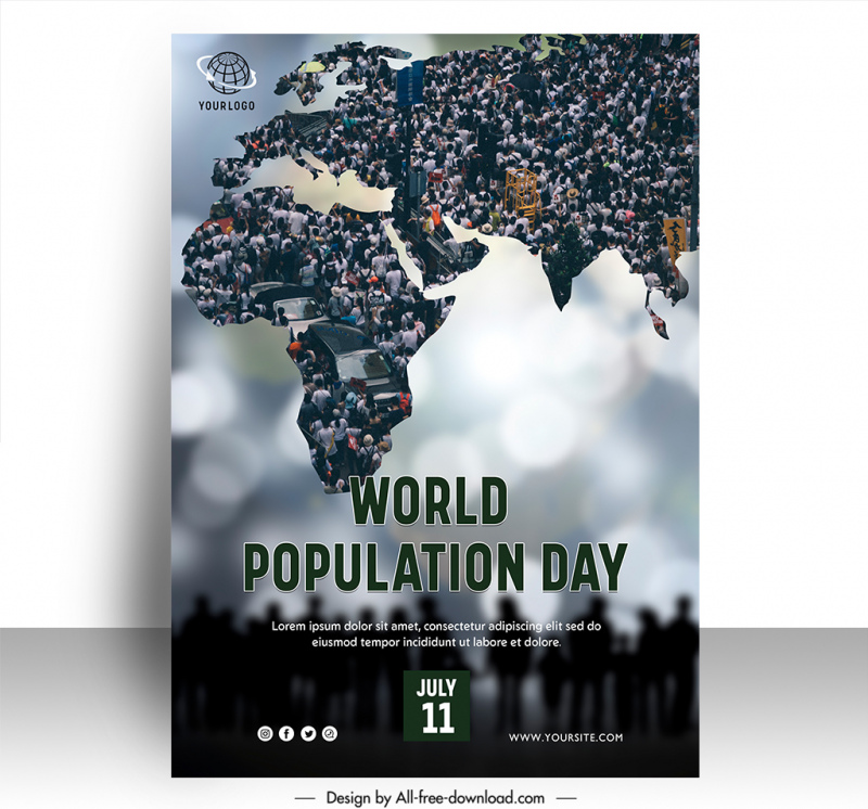 poster international world population day template bokeh silhouette design crowded map sketch