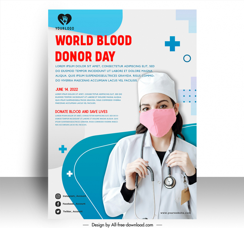 poster world blood donor day template female doctor cross sketch elegant realistic design