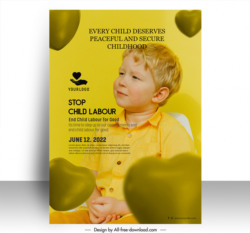 poster world day against child labour template cute boy 3d hearts decor