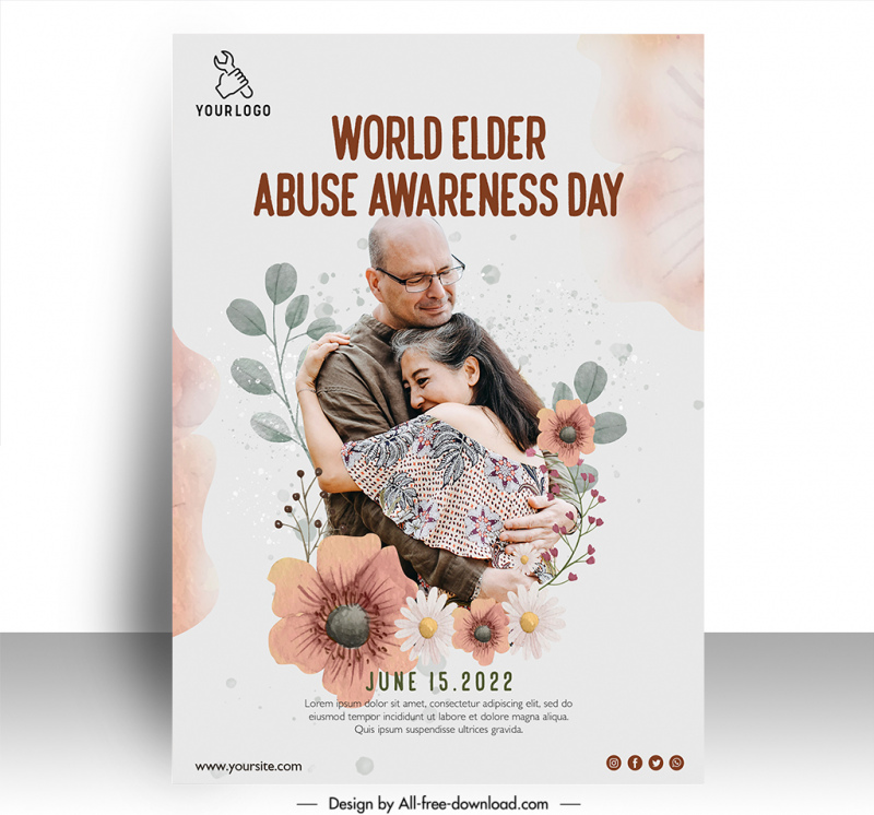 poster world elder abuse awareness day template happy couple hugging sketch flowers decor