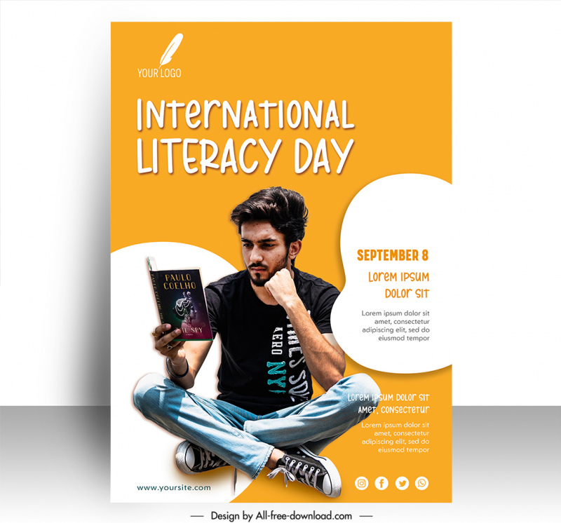 poster world literacy day template man reading book sketch modern realistic design 
