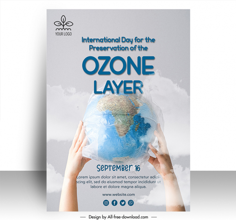 poster world ozone day template hands holding globe wrapped in plastic bag sketch