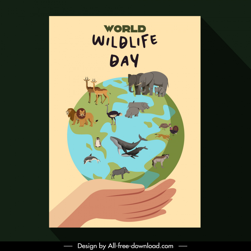 poster world wildlife day template holding hand earth wild animals sketch