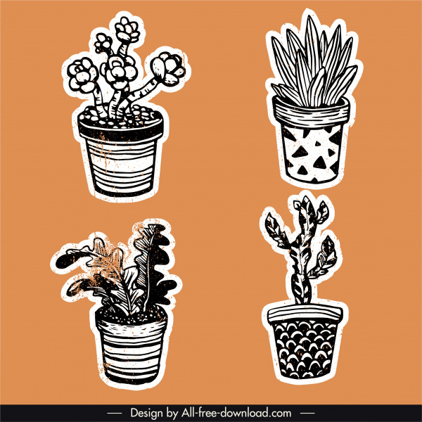potted plants icons vintage handdrawn outline