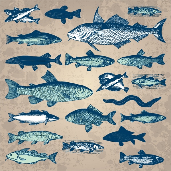 marine creatures background fishes icons dark retro sketch