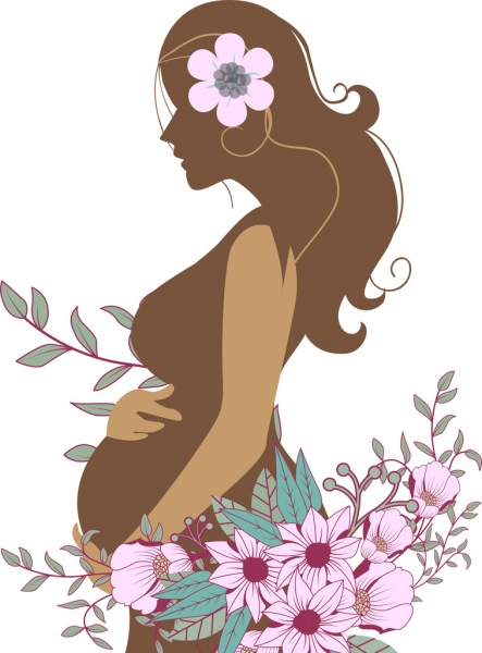 pregnant woman and flowers sketch colored silhouette style 