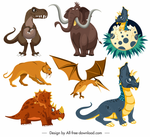 prehistoric animals species icons colored cartoon design
