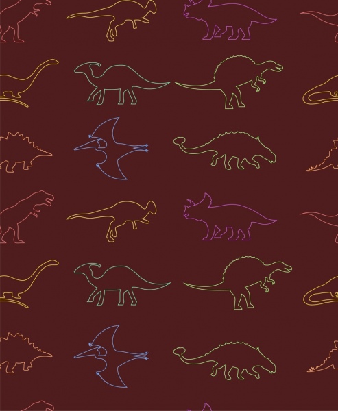 prehistory animals icons outline colorful silhouettes style