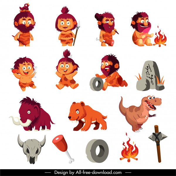 prehistory icons caveman wild animals sketch