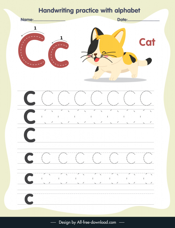 preschool education handwriting practice template alphabet letter tracing c cute kitten sketch