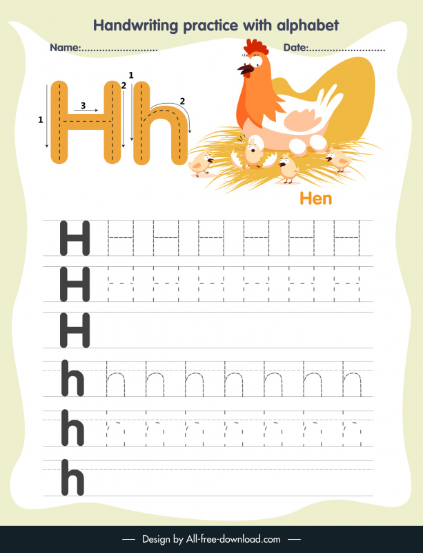 preschool education handwriting practice template alphabet letter tracing h cute hen outline