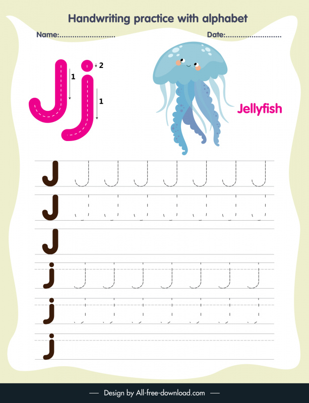 preschool education handwriting practice template alphabet letter tracing j cute jellyfish outline