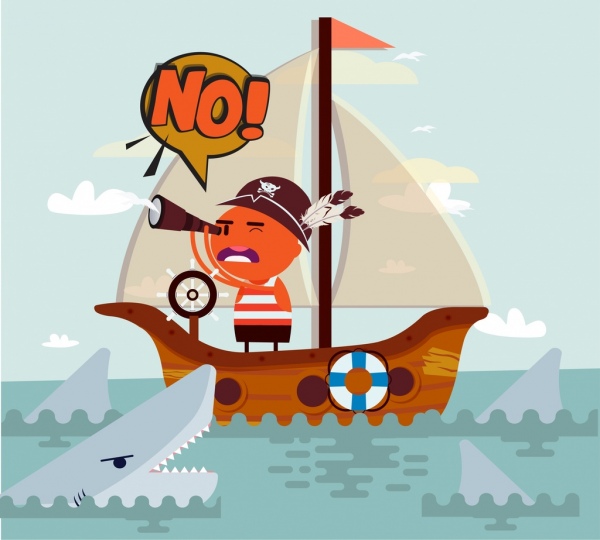 problem background pirate ship shark icons cartoon characters