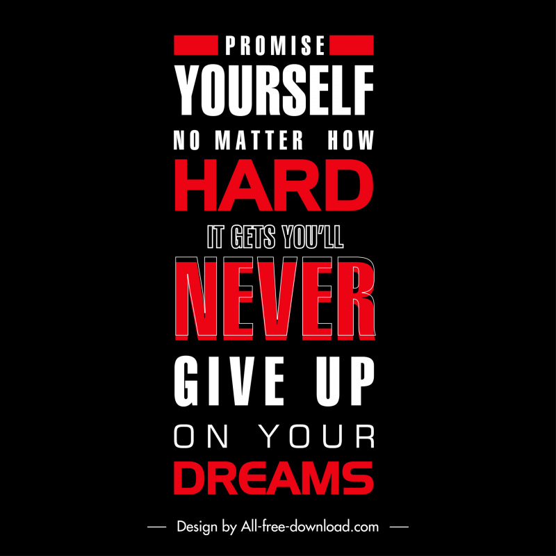 Promise yourself no matter how hard it gets you will never give up on your dreams quotation banner typography