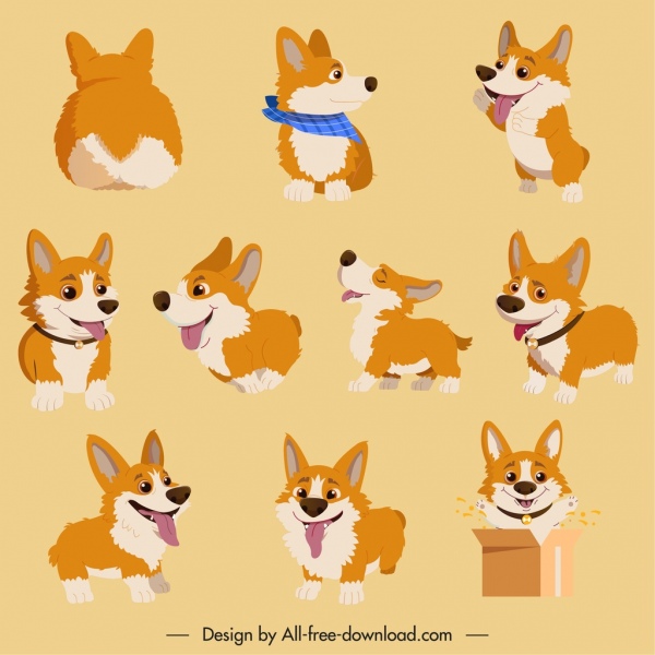 puppies icons collection cute colored cartoon design