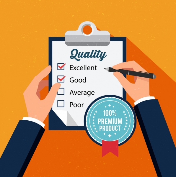 quality check banner checklist writing hands stamp icons