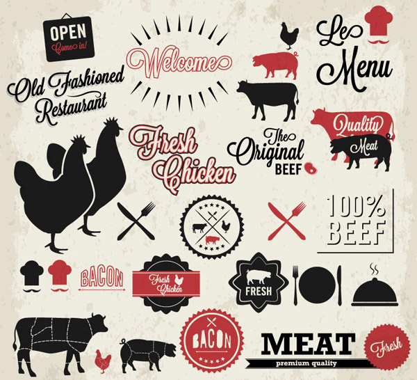 quality meat labels with restaurant elements vector