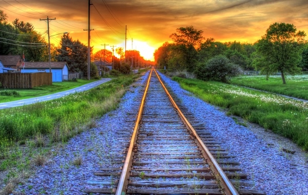 railroad to sunset in southern wisconsin