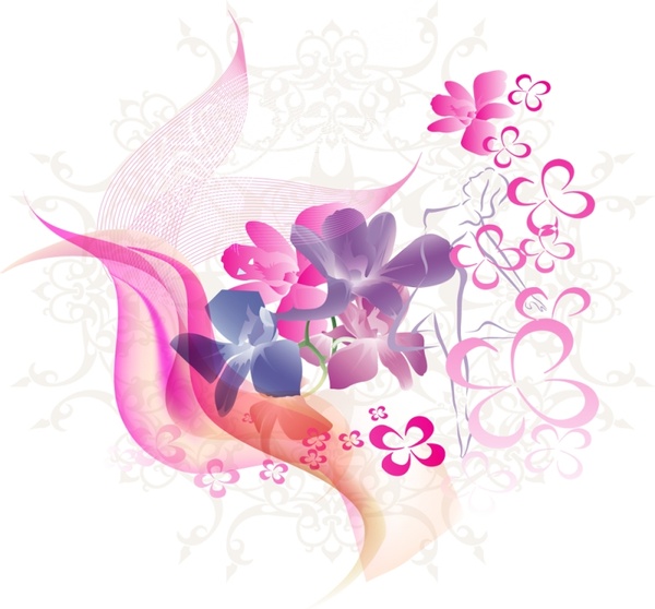 floral background sketch pink flowers and curves design