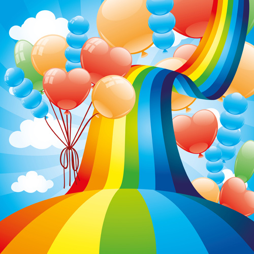 rainbow bridge and balloons vector background