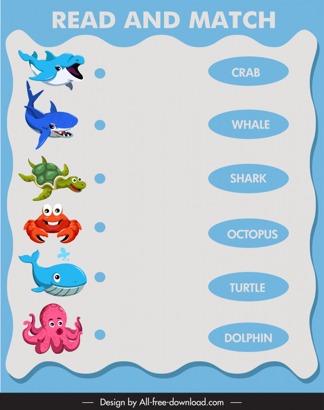 read and match education template funny cartoon marine animals sketch
