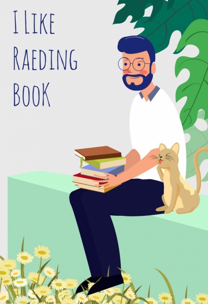 reading book banner man cat icons colored cartoon