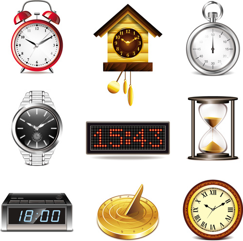 realistic clocks and watches vector icons set