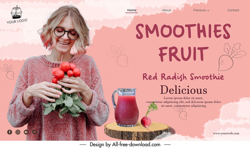 red radish smoothies drink landing page template dynamic realistic